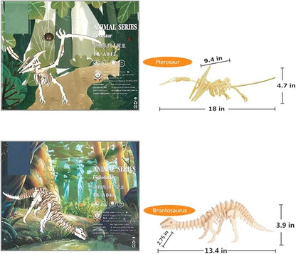 3D Wooden Dinosaur Puzzle - 6 Piece Set Wood Dinosaur Skeleton Model Puzzle - DIY Wooden Crafts 3D Puzzle - STEM Toys Brain Teaser Puzzle Gifts
