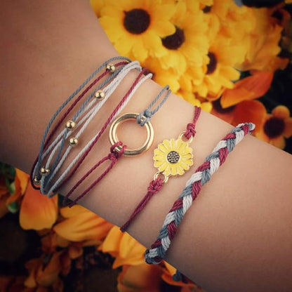 FANCY SHINY Sunflower String Bracelet Boho Braided Rope Wrap Bracelets Cute Summer Beach Surfer Jewelry for Women Christmas Gifts