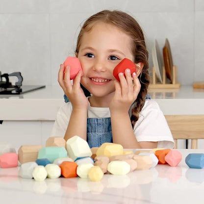 BESTAMTOY 36 PCS Wooden Sorting Stacking Rocks Stones,Sensory Toddler Toys Learning Montessori Toys, Building Blocks Game for Kids 3 4 5 6 Years Boy and Girl Birthday Gifts for Kids