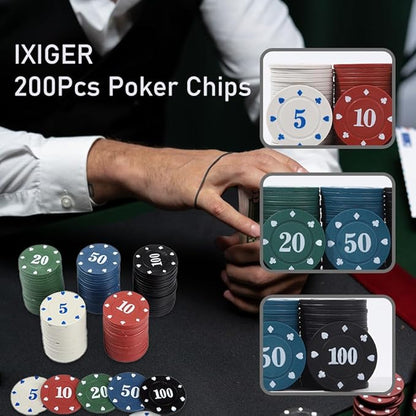IXIGER 200Pcs Poker Chips, Poker Chips Set with Denominations for Card Board Game, Plastic Game Chips with Black Velvet Pouch Bag, Math Counting Chips,Game Night Party Supplies