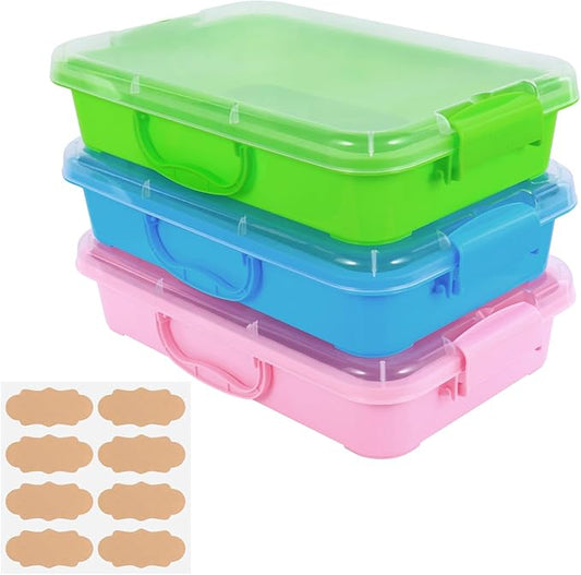 3 Pcs Plastic Sensory Bins-Portable Sandbox Container with Handle & Clear Lid-Stackable Play Tray for Kids Storage Sand,Toys & Crafts-Organizing Container for Home,Office and More(Green+Blue+Pink)