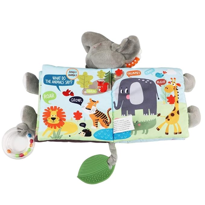 Elephant Touch and Feel Baby Books Toys 0-6 Months, Loveys Crinkle Books for Babies,Infant Toys 6-12-18 Months 1-2 Year Old, Baby Shower Easter Gifts Soft Cloth Book Teething Rattle for Boys Girls