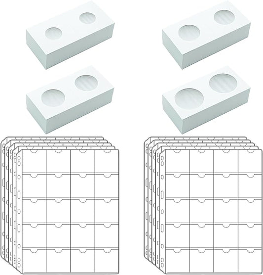 200 PCS Cardboard Coin Flips with 10 Sheets Coin Pocket Pages, 4 Assorted Sizes 2" x 2" Cardboard Coin Holders Coin Flips Coin Collection Supplies for Dime, Dollars, Penny, Quarter, Nickels Collecting