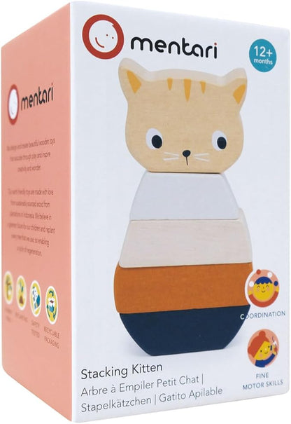 Mentari Toys - Stacking Kitten - 5pcs Wooden Animal Stacker Toddler Toy - Natural Wood Stacking Blocks - Boost Fine Motor Skills - Toddler Educational Toy - Age 12m+