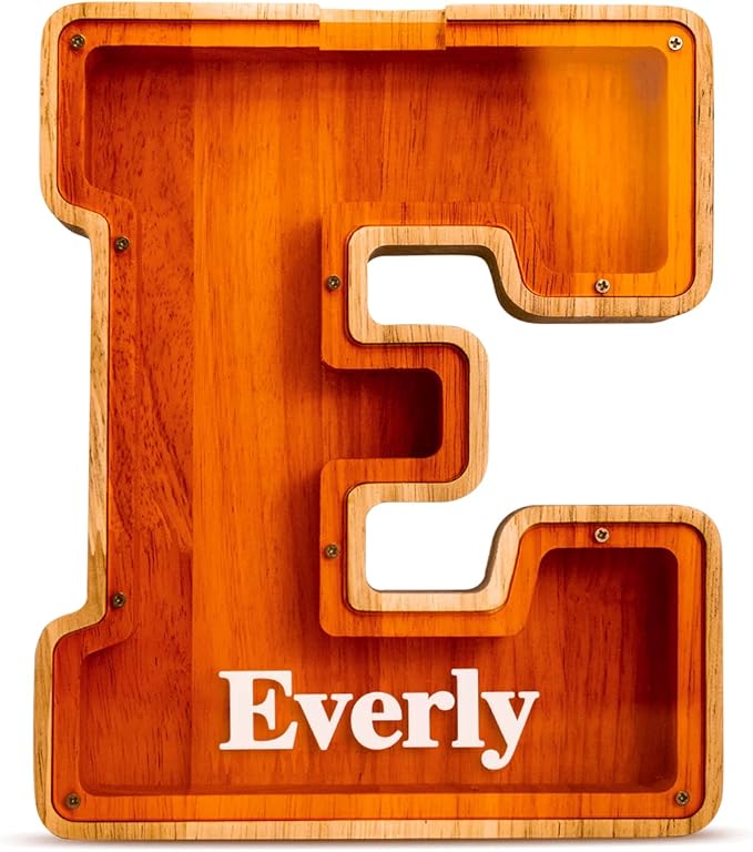 Summidate Customized Name Large Wooden Piggy Bank for Kids Boys Girls Alphabets Letter A-Z Coins Bills Money Change Bank Box Initial on Clear Cover (Laser Engraved) (Alphabet-D, Personalized-9")