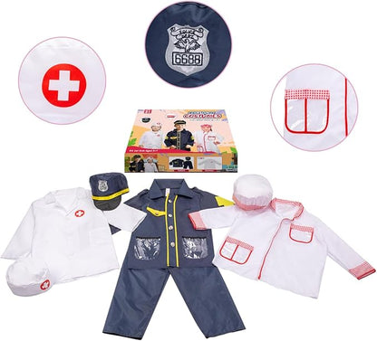 LOYO Kids Role Play Dress Up Clothes for 3-8 Years Old Play, 3 Sets Policeman/Chef/Doctor Costume for Kids And Toddlers Boys and Girls Halloween Costumes