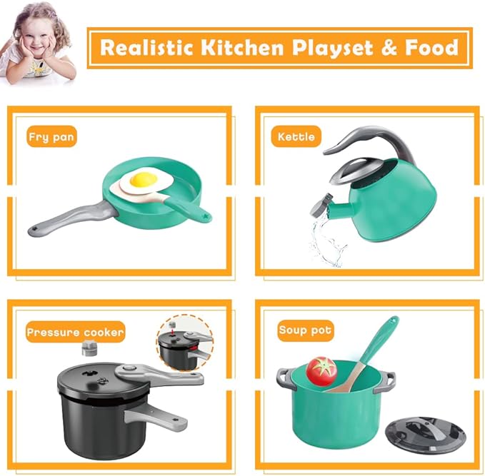 Bruvoalon 32Pcs Kids Play Kitchen Toys Set, Toddlers Pretend Cooking Playset Acccessories with Pots Pans, Utensils Cookware, Foods, Canned Veges, Learning Gift for Kids Girls Boys (Green)