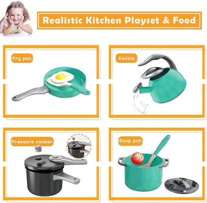 Bruvoalon 32Pcs Kids Play Kitchen Toys Set, Toddlers Pretend Cooking Playset Acccessories with Pots Pans, Utensils Cookware, Foods, Canned Veges, Learning Gift for Kids Girls Boys (Green)