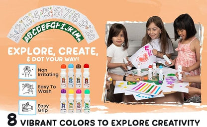 8 Washable Non-Toxic Dot Art Marker for Children Early Education, Fun Art Bingo Daubers Supplies with Alphabet Stencils and Activity Sheets