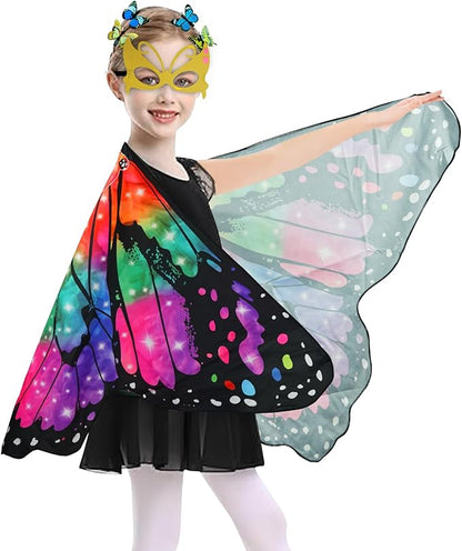 Butterfly Costume for Girls Fairy Wings Kids 4 Pcs(Cape,Skirts,Masks,Hair Clips) Butterfly Wings for Halloween Gifts