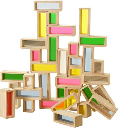Large Wooden Building Blocks Set for Toddlers, 36 PCS Big Colorful Rainbow Window Hollow Blocks Set Montessori STEM Construction Toy for Kids Sensory Stacking Blocks for Preschool Kindergarten Play
