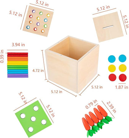 Wooden Montessori Toys for 1 2 3 Year Old Baby Gifts,Play Kit Box Includes Carrot Harvest Games, Montessori Coin Box for 6-12 Months and Fine Motor Skills Toys for 1 Year Old (3-in-1)