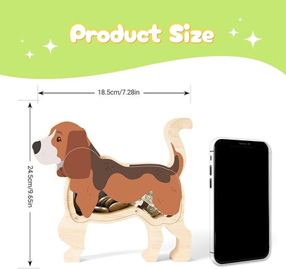 Wooden Beagle Dog Piggy Banks for Kids, Adorable Dog Piggy Bank with Acrylic Panels, Unbreakable Toddler Money Box for Boys Girls, Cute Saving Coin Jar for Birthday Décor
