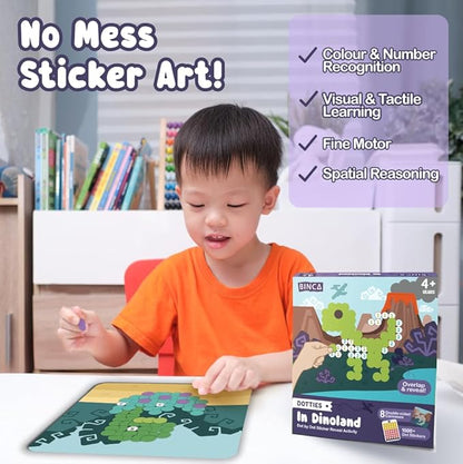 BINCA Dotties Dot Art Activity Kit, 1500+ Stickers, 8 Dinosaurs Mess-Free Activities, DIY Dot Sticker Art for Toddlers, Kids Travel Activities, Craft Kits & Gifts for Girls Ages 4,5,6,7