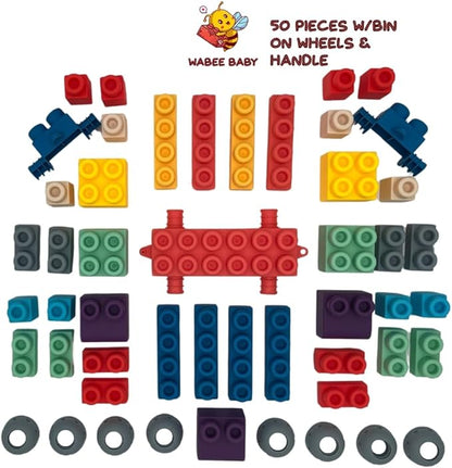 Large Soft Rubber Toddler Blocks, 50 Pieces in Storage Bin on Wheels - Includes Booklet, Toy, Gift, Birthday, 6m, 1-2, 2-4, 2-3, 3-5 Ages