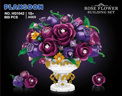 Purple Rose Flower Building Set with Vase, 969 PCS Botanicals Flowers Bouquet Building Block Kit, 18 Rose Bonsai Plant Collection Home Decor, Birthday Gift for Adults Women Boys Girls 12+
