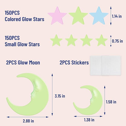 302 Pcs Glow in The Dark Stars Stickers for Ceiling Colorful Luminous Ceiling Stars Glow in The Dark,Adhesive Star Stickers Wall Decor,Perfect for Kids Room,Birthday Gifts Christmas Stocking Stuffers