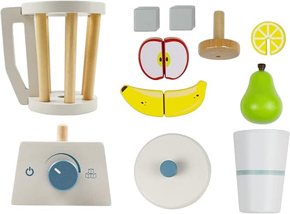 PairPear Wooden Smoothie Blender Toy – 14 Piece Kids Kitchen Accessories Set with Cup, Ice Cubes & Fruit – Pretend Play Juice Maker for Boys & Girls Ages 3+