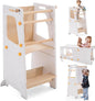 Toddler Standing Tower, Toddler Step Stool with White Board&Convertible Table and Chair, Kitchen Stool Height Adjustable with Safety Rail, Helper Tower for Kids Cooking