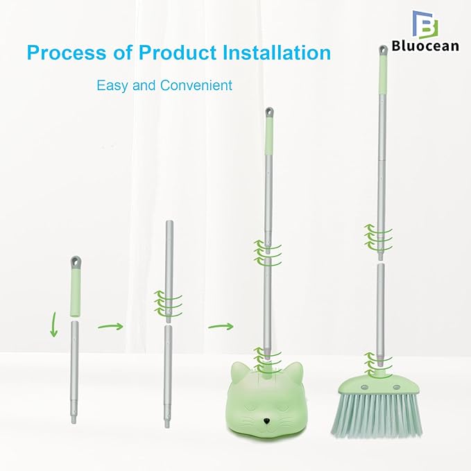 28′′ Mini Broom and Dustpan Set for Kids-Ideal Kids' Toys as Gifts, Parent-Child Interactive Cleaning Tool, Cute Cartoon Design, Household Helper for Toddlers, Small Safe Corner Broom (Green Sprout)