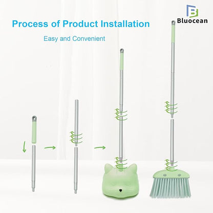 28′′ Mini Broom and Dustpan Set for Kids-Ideal Kids' Toys as Gifts, Parent-Child Interactive Cleaning Tool, Cute Cartoon Design, Household Helper for Toddlers, Small Safe Corner Broom (Green Sprout)