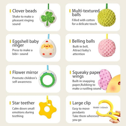 Carseat Toys Hanging for Babies 0-6 Months Boy Girl – Chicken Pull String Baby Toy with Crinkle, Rattle, Mirror, BB Squeaker – Crib Toys Hanging, Stroller, Car Seat Toy, Baby Hanging