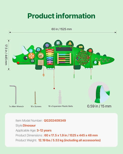 VEVOR Dinosaur Activity Busy Board Wall, 11 Activities Board, Montessori Sensory Wall Panel for Kids 3-12 Years, Sensory Activity Panel, Ideal for Toddler Playroom Nursery Classroom