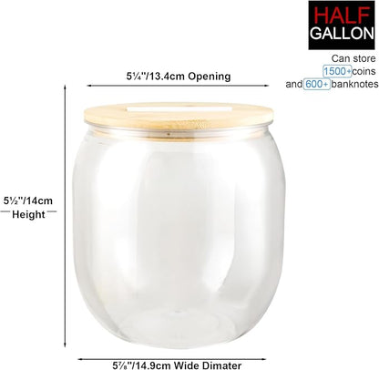 Large Clear Coin Bank Jar with Slotted Lid, Half Gallon Reusable Money Tip Change Savings Coin Jar for Coin or Raffle Ticket, Big Clear Money Coin Tip Piggy Change Bank Box for Adults Teens