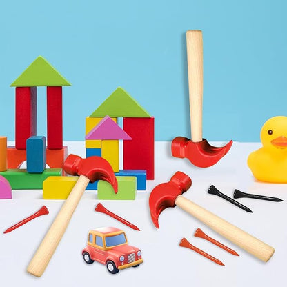 10 Pcs Kids Wooden Hammer Toy with 100 Pcs Colorful Wood Golf Tees, Small Plastic Hammer Simulation Hammers Educational Toys for Children Gift Birthday Party Halloween (Red)