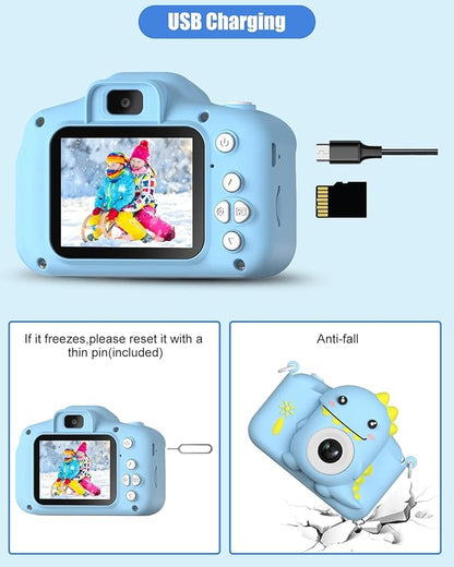 Dinosaur Kids Camera Toys, Birthday Graduation Gifts for Girls Boys 3-12, 1080P HD Selfie Digital Video Camera for Toddlers,Travel Gifts Dino Toys for 4 5 6 7 8 9 Years Old (Blue)