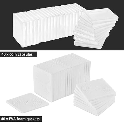 Coin Snap Holders, 40 Pieces Silver Dollar Coin Holder, Coin Capsule Storage Box with 5 Size (20/25/30/35/40 mm) Adjustable Gaskets, Coins Collection Supplies for Collectors (White, 40 pcs)