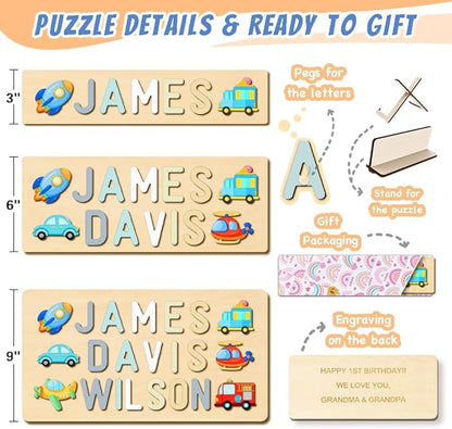 Personalized Name Puzzle for Kids, Easter Basket Stuffers, Custom Wooden Puzzle for Toddlers 1-3, First Birthday Gifts for Baby boy Girl, Montessori Learning Toys