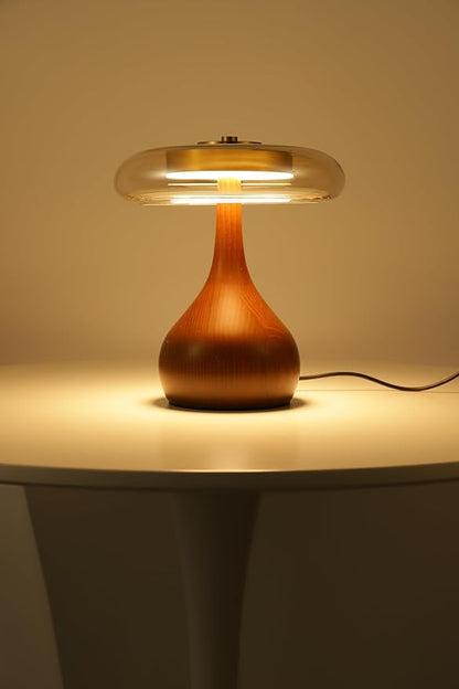Small Table Lamp for Bedroom-Wooden Base Teardrop Mushroom Table Lamps,Amber Glass Shade,LED Three Color Temperature Adjustable Brightness Modern LED Side Table and Desk Lighting(H 9.7 in)