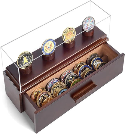 Challenge Coin Display Case, Military Coin Collection Holder with Wooden Coin Box, Drawers, and Clear Acrylic Lid – Gifts for Coins Collectors (4 Pillars)