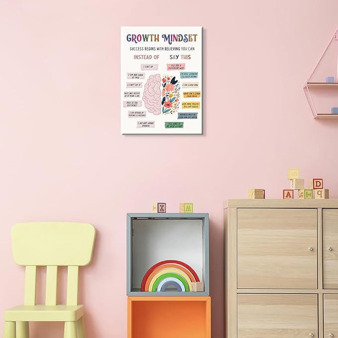 uoyien Growth Mindset Mental Health Posters Classroom Counseling Room Therapy Wall Decor Affirmations Quotes Canvas Wall Art Kids Special Educational Brain Neurodiversity Prints 12x16in Wood Framed