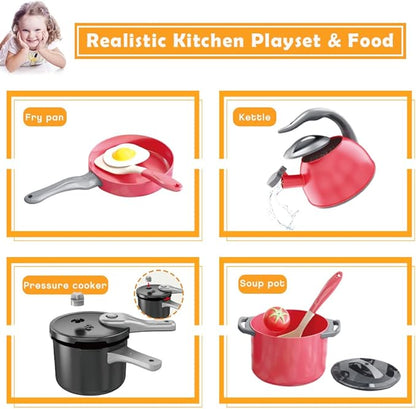 Bruvoalon 32Pcs Kids Play Kitchen Toys Set, Toddlers Pretend Cooking Playset Acccessories with Pots Pans, Utensils Cookware, Foods, Canned Veges, Learning Gift for Kids Girls Boys (Red)
