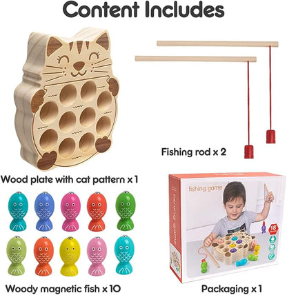 Fishing Game for Kids 3-5,Wooden Montessori Preschool Education Learning Hand-Eye Cognition & Fine Motor Skill Color Sorting Magnetic Fishing Toys Easter Basket Stuffers for Toddler Boys Girls