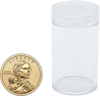 24 Pcs Round Plastic Coin Tubes with Box, Cent Nickel Dime Storage Tubes with Lid, Quarter Dollar Storage Holders Containers Coin Collecting Supplies