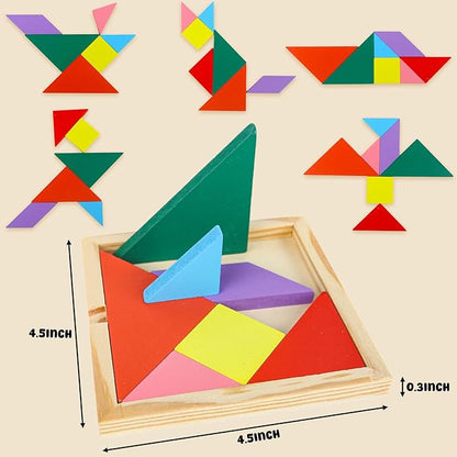 3 otters Wooden Tangram Puzzles for Kids, Educational Shape Puzzle Toys, STEM Montessori Brain Logic Blocks, 4 Pack
