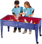 Constructive Playthings Indoor/Outdoor Sand and Water Activity Table for Kids Ages 1-3, Portable Classroom Play Table with Dry-Erase Top and 2 Side Trays, Blue/Red