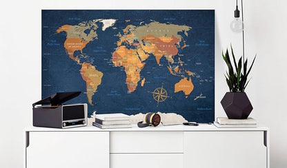 artgeist Pinboard World Map 35x24 in - Cork Board & Canvas Print Wall Art 1 pcs Memoboard with 50 Pins Noticeboard Message Board Image Picture Home Decor Travel Map k-C-0048-p-b