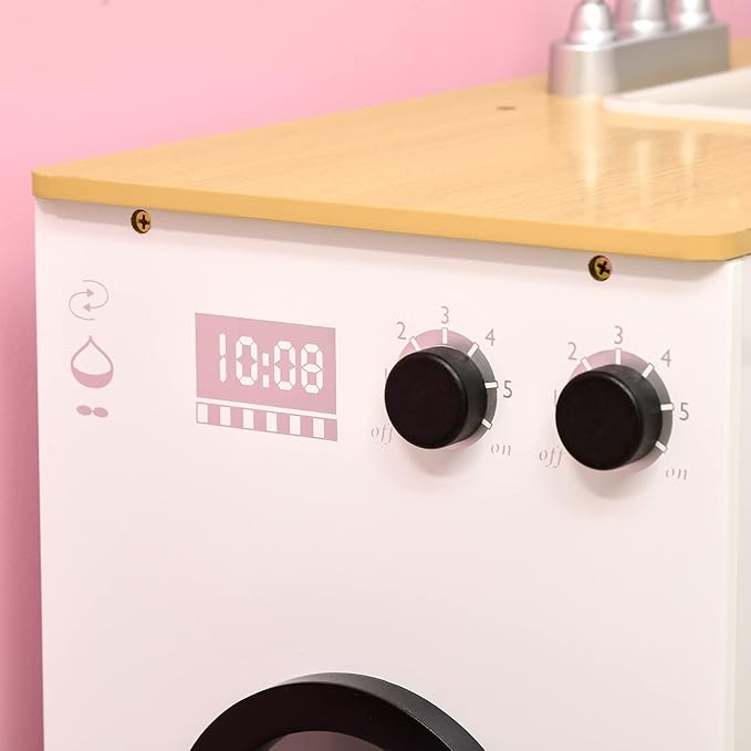 Qaba Kids Wooden Kitchen Playset with Sound Effects and Tons of Countertop Space, Wooden Corner Play Kitchen Set with Washing Machine, Imaginative Toy Pretend Restaurant, Ages 3-6, White