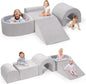 Foam Climbing Blocks for Toddlers, 5-Piece Tunnel Climber and Crawl Playset, Indoor Activity Play with Ball Pit, Machine Washable Velvet Cover, Soft Climbing Toy for Kids 1-3 (Gray)