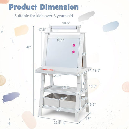 Costzon Kids Art Easel, 3 in 1 Double-Sided Painting Easel w/Magnetic Whiteboard, Chalkboard & Paper Roll, 2-Tier Storage Rack & 2 Boxes, Standing Easel for Kids, Toddlers, Gift for Boys, Girls