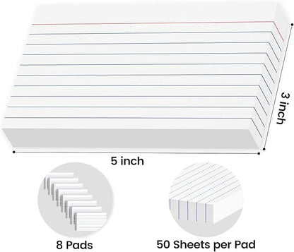400 Count Index Cards 3x5 Inch - 180gsm Heavyweight White Flash Card (50 Sheets Each), Durable & Portable Note Taking for Students, Teachers, Study Flashcards for School Office Home