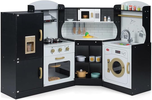 Costzon Corner Kids Kitchen Playset, Wooden Play Kitchen w/Sounds & Lights, Washing Machine, Range Hood, Ice Maker, Microwave, Oven, Sink, Pretend Toy Kitchen Set for Toddler, Gift for Boys Girls