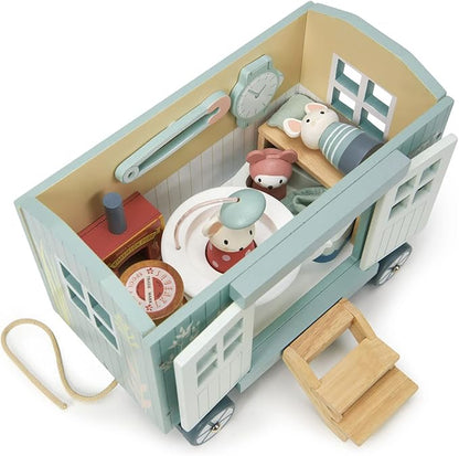 Tender Leaf Toys - Secret Meadow Shepherd’s Hut - Portable Furnished Wooden Shepherd’s Hut on Wheels with 11 Pcs Accessories and 3 Mice Dolls - Open-Ended Play and Story Tellings - Age 3+