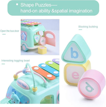 Baby School Bus Xylophone Toy for Toddlers 1-3, 5-in-1 Montessori Musical Bus Toys Gifts for 1 Year Old Baby Girl, Shape Sort Toys Knocking Xylophone Educational Instruments Birthday Gift Boy Girl