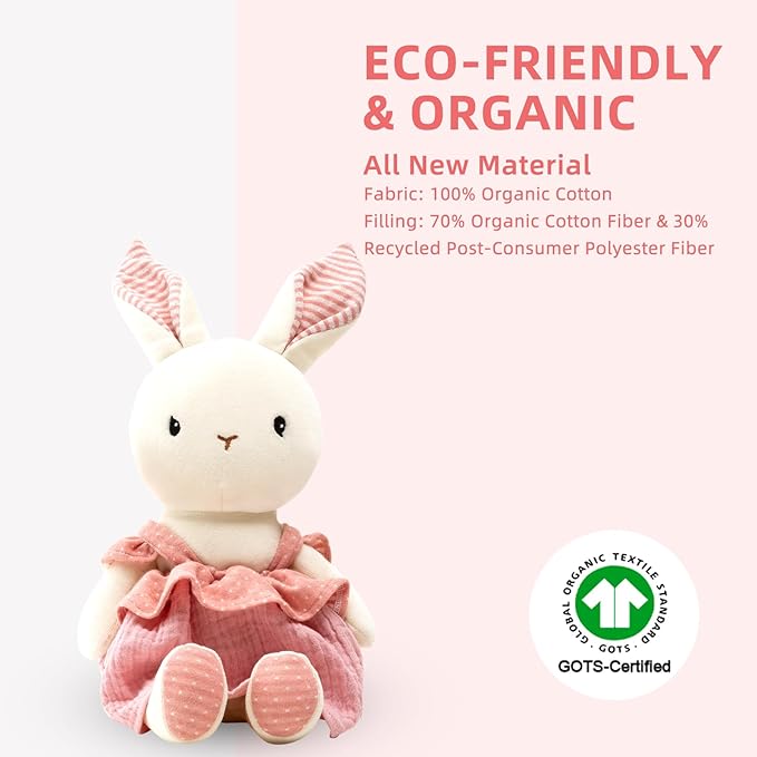 Bunny Stuffed Animal Organic Cotton Baby Plush Toys, 9" Easter Plush Bunny Soft Cuddly Toy for Babies and Toddlers