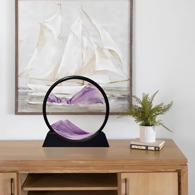 Aoderun Moving Sand Art Picture Round Glass 3D Deep Sea Sandscape in Motion Display Flowing Sand Frame Relaxing Desktop Home Office Work Decor (7", Purple)